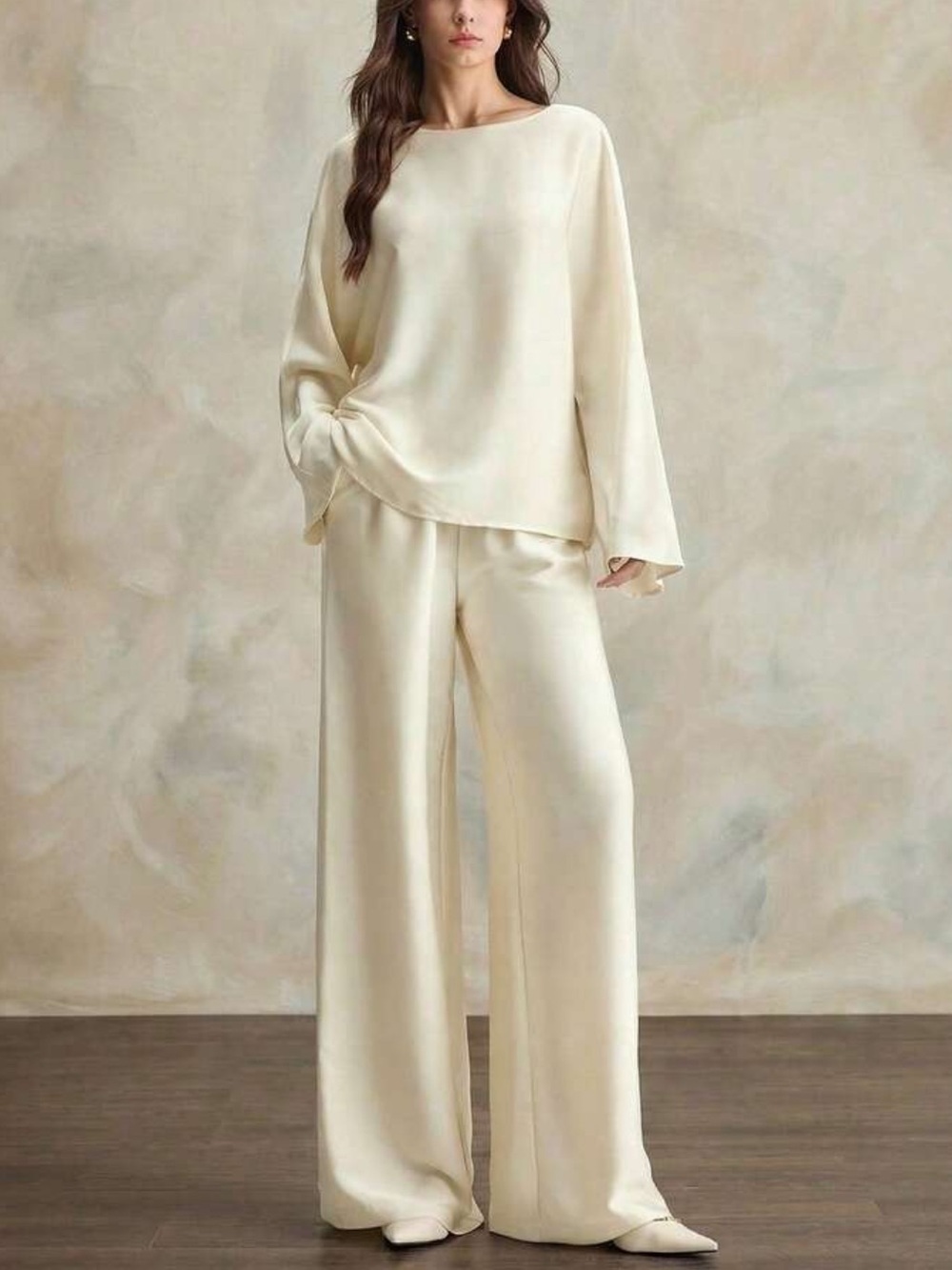 Matching 2 piece set Silky  satin Cream Wide-Leg Pant SET